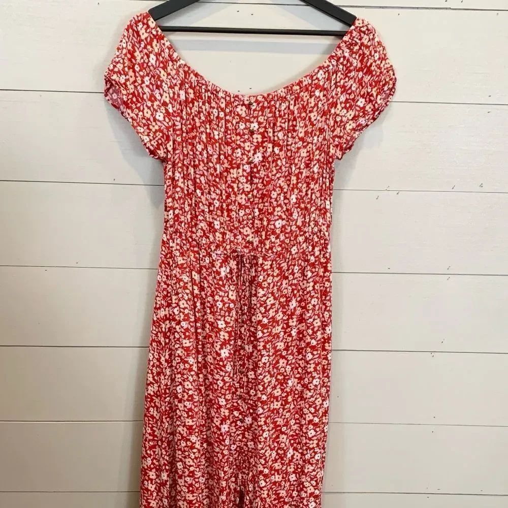 Indigo Rose Red Floral Off-Shoulder Dress button front high-low size large